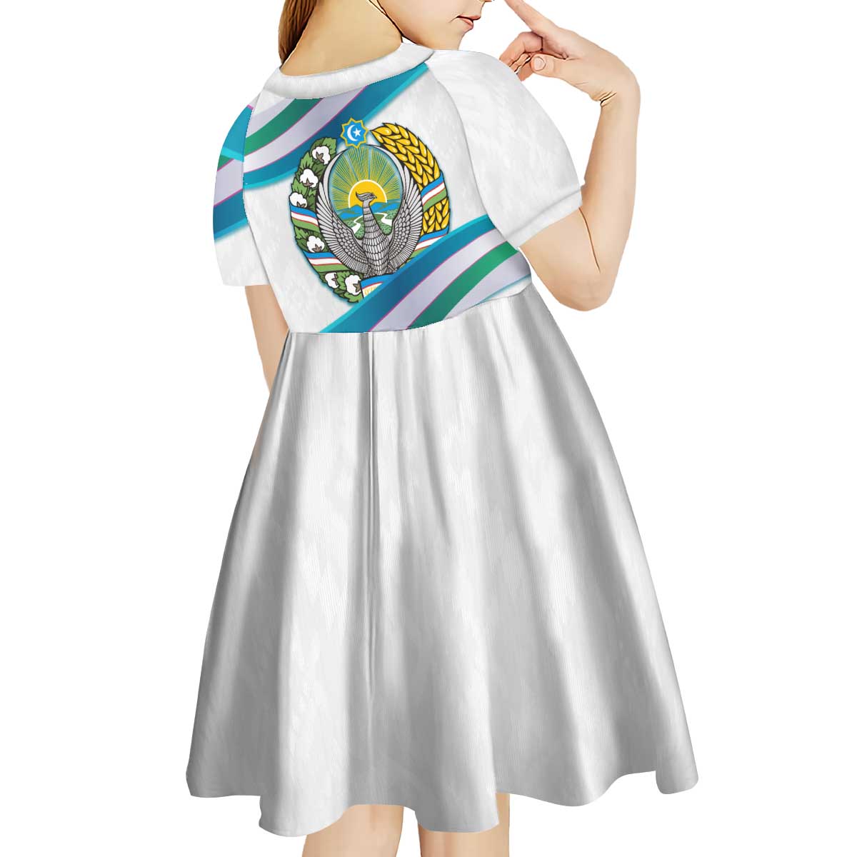Uzbekistan Kid Short Sleeve Dress with Ribbon Wave Design - Wonder Print Shop