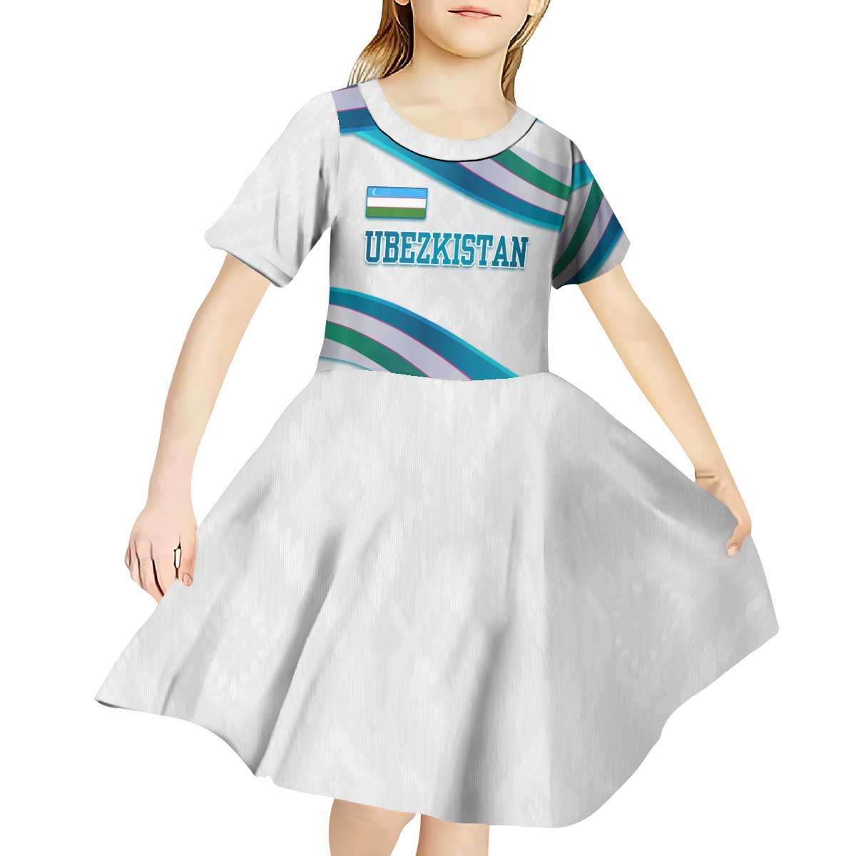 Uzbekistan Kid Short Sleeve Dress with Ribbon Wave Design - Wonder Print Shop