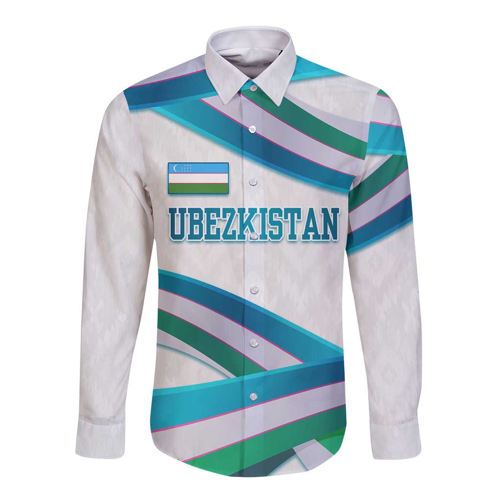 Uzbekistan Long Sleeve Button Shirt with Ribbon Wave Design - Wonder Print Shop