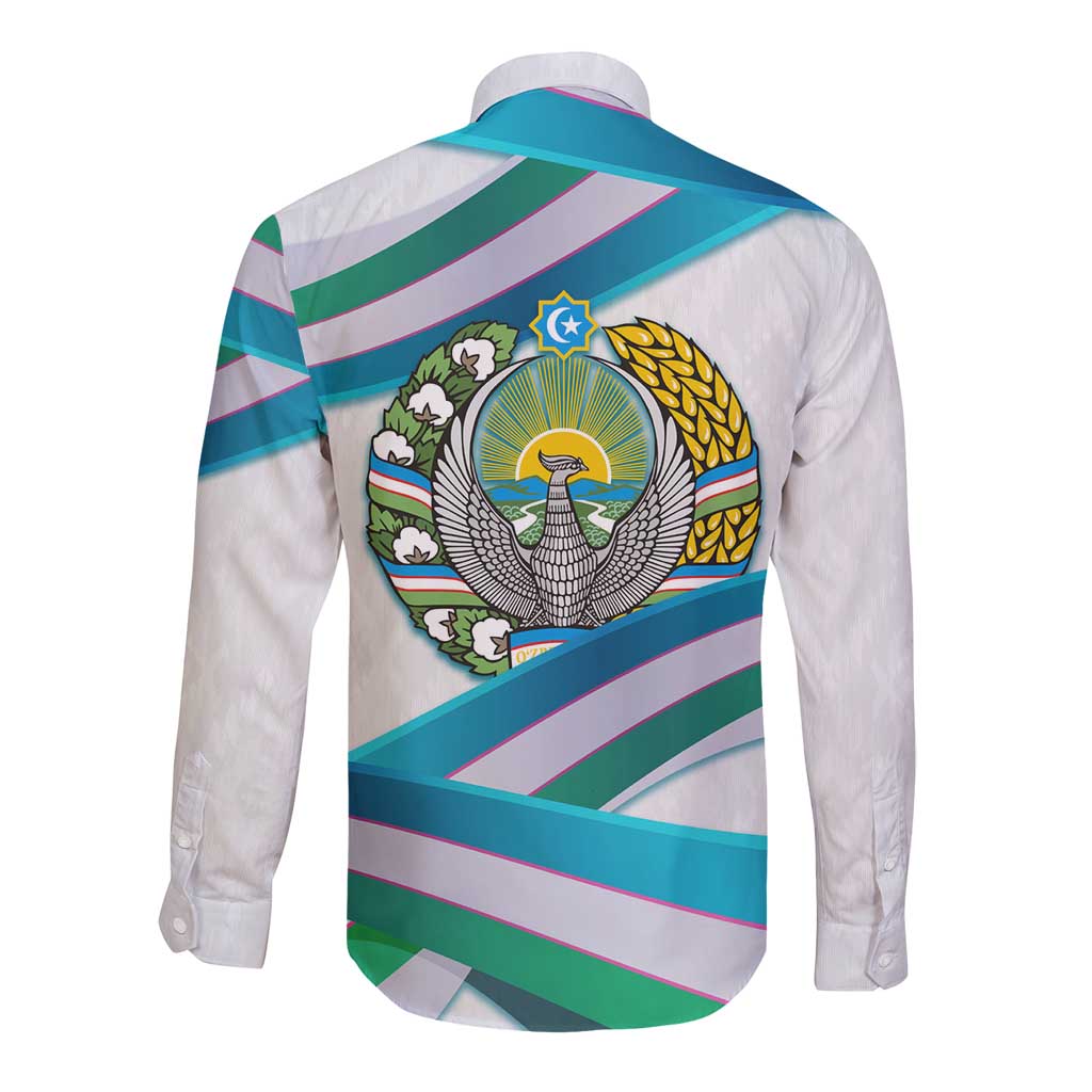 Uzbekistan Long Sleeve Button Shirt with Ribbon Wave Design - Wonder Print Shop