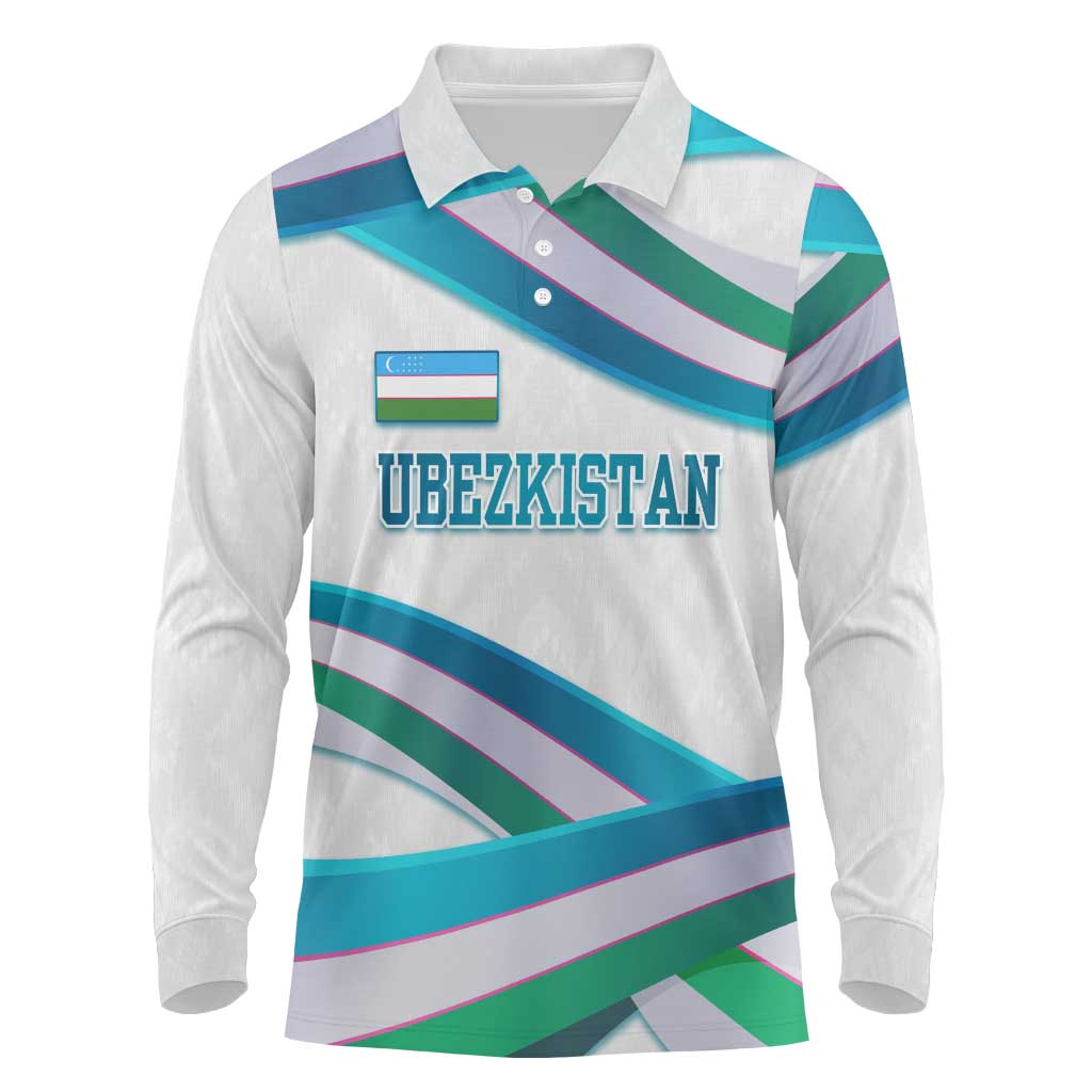 Uzbekistan Long Sleeve Polo Shirt with Ribbon Wave Design - Wonder Print Shop