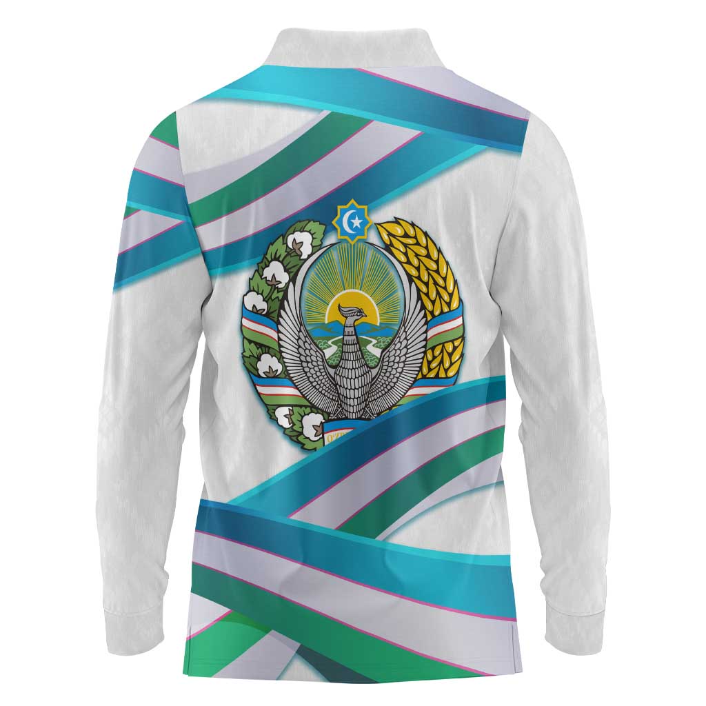 Uzbekistan Long Sleeve Polo Shirt with Ribbon Wave Design - Wonder Print Shop