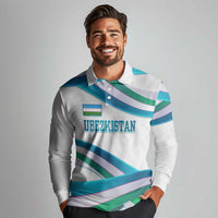 Uzbekistan Long Sleeve Polo Shirt with Ribbon Wave Design - Wonder Print Shop