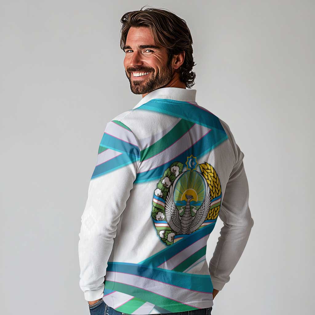 Uzbekistan Long Sleeve Polo Shirt with Ribbon Wave Design - Wonder Print Shop