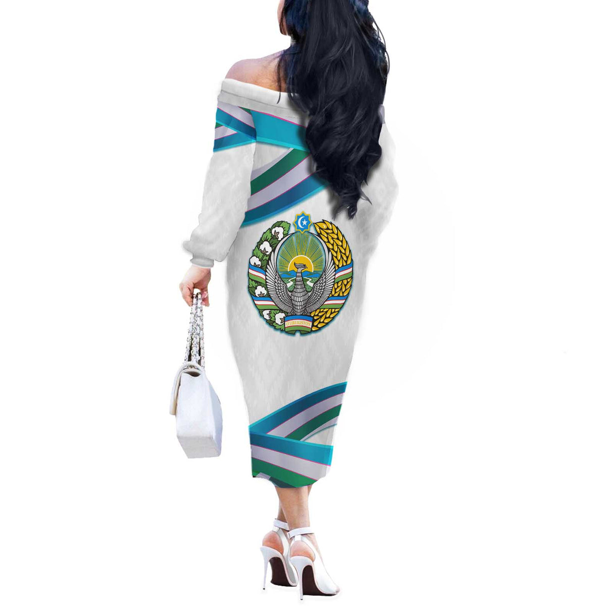 Uzbekistan Off The Shoulder Long Sleeve Dress with Ribbon Wave Design - Wonder Print Shop