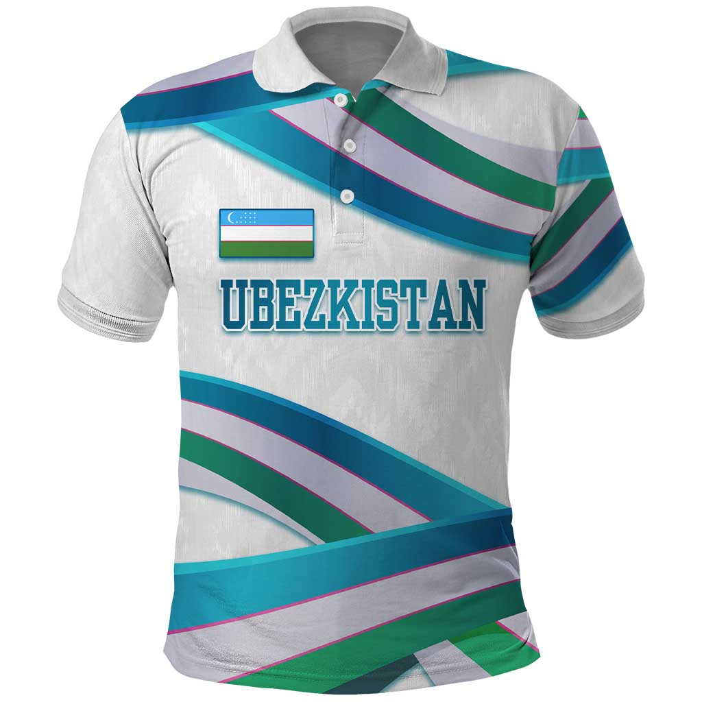 Uzbekistan Polo Shirt with Ribbon Wave Design - Wonder Print Shop
