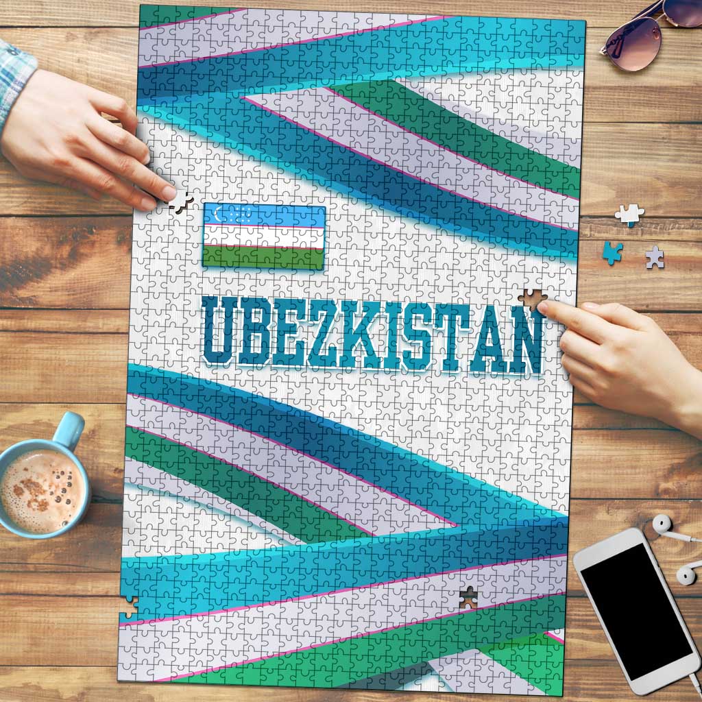 Uzbekistan Puzzle with Ribbon Wave Design - Wonder Print Shop