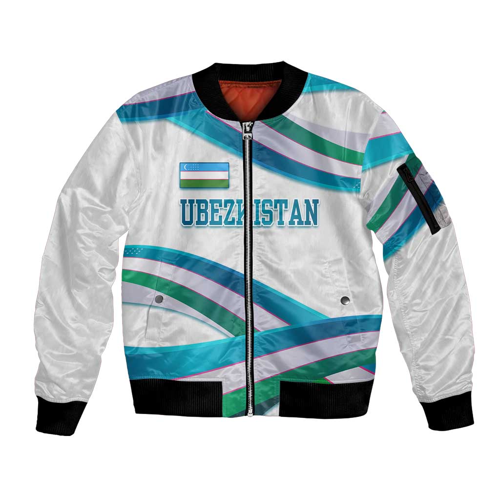 Uzbekistan Sleeve Zip Bomber Jacket with Ribbon Wave Design - Wonder Print Shop