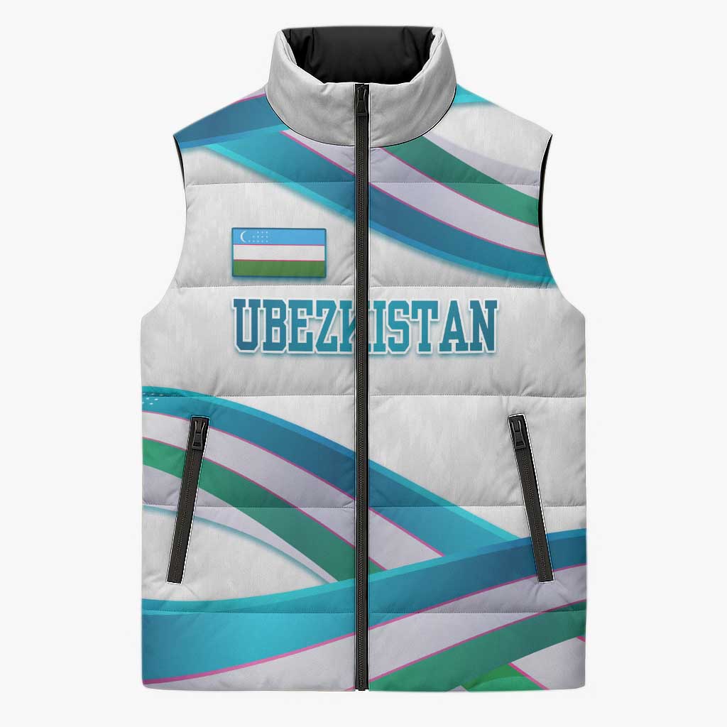 Uzbekistan Sleeveless Puffer Jacket with Ribbon Wave Design - Wonder Print Shop