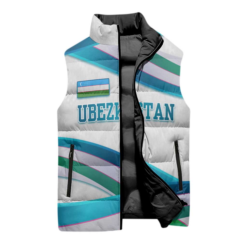 Uzbekistan Sleeveless Puffer Jacket with Ribbon Wave Design - Wonder Print Shop