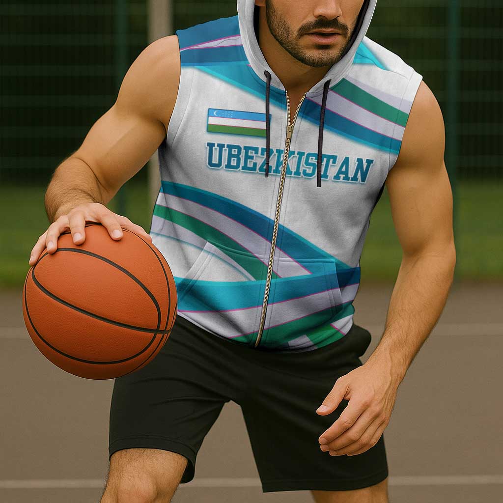 Uzbekistan Sleeveless Zip Hoodie with Ribbon Wave Design - Wonder Print Shop