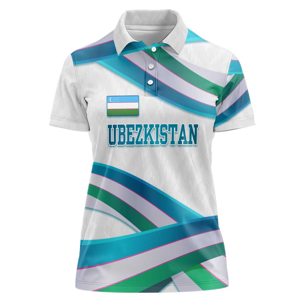 Uzbekistan Women Polo Shirt with Ribbon Wave Design - Wonder Print Shop