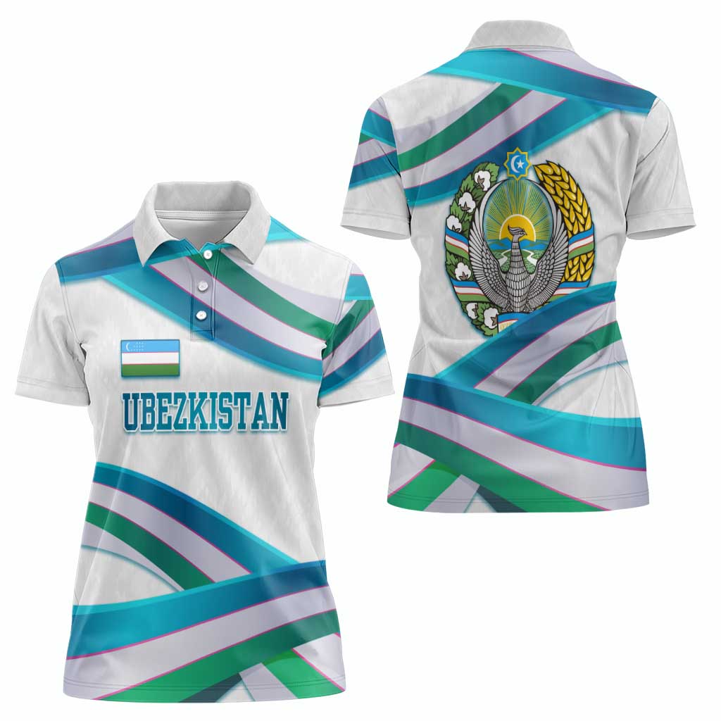 Uzbekistan Women Polo Shirt with Ribbon Wave Design - Wonder Print Shop