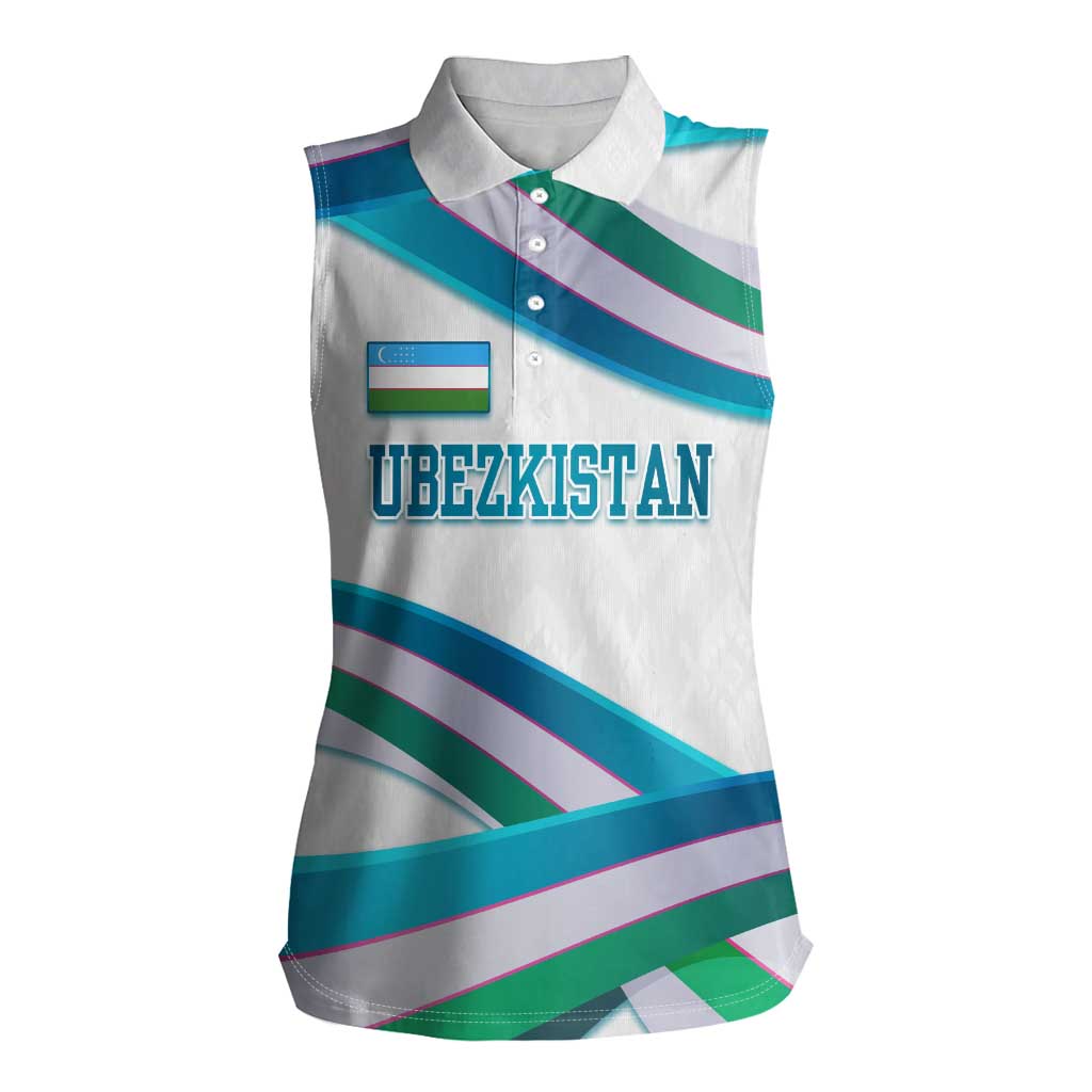 Uzbekistan Women Sleeveless Polo Shirt with Ribbon Wave Design - Wonder Print Shop
