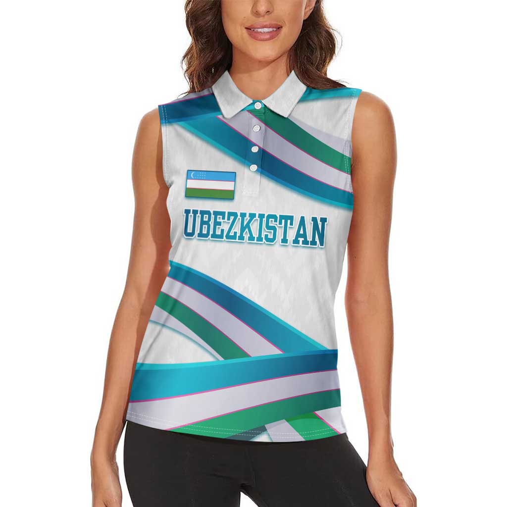 Uzbekistan Women Sleeveless Polo Shirt with Ribbon Wave Design - Wonder Print Shop