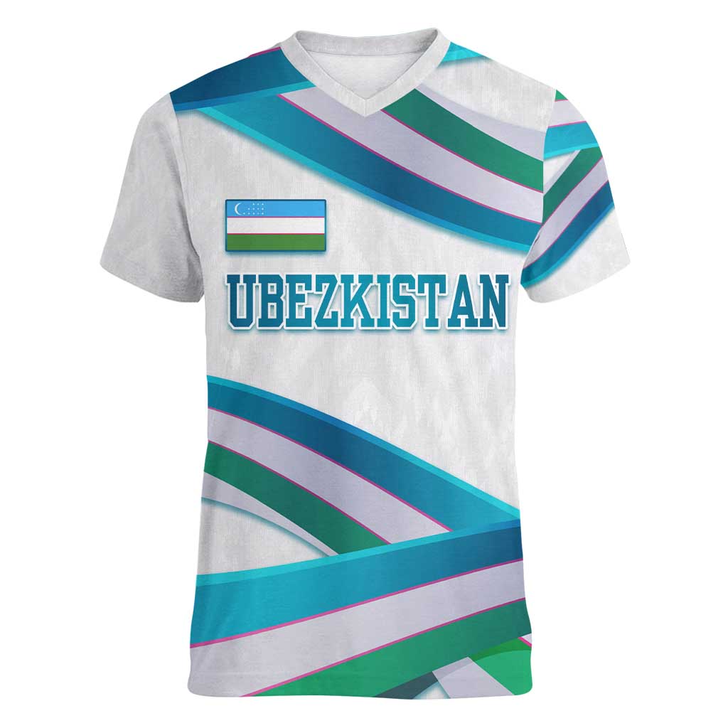 Uzbekistan Women V-Neck T-Shirt with Ribbon Wave Design - Wonder Print Shop