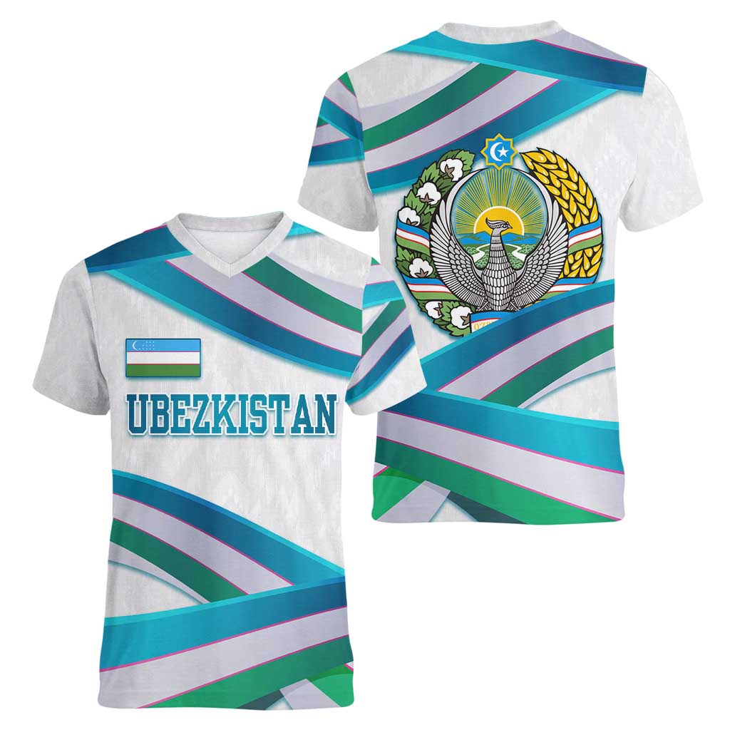 Uzbekistan Women V-Neck T-Shirt with Ribbon Wave Design - Wonder Print Shop