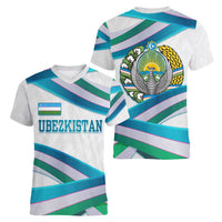 Uzbekistan Women V-Neck T-Shirt with Ribbon Wave Design - Wonder Print Shop
