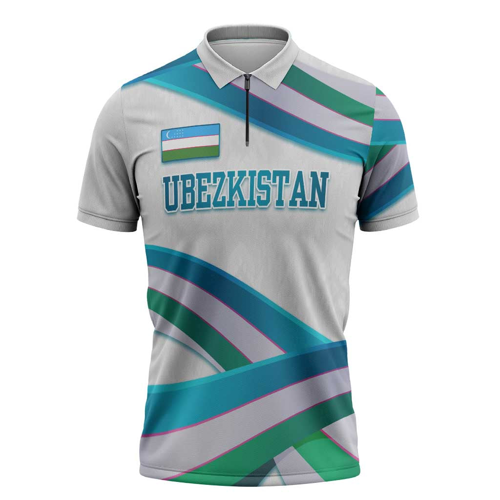 Uzbekistan Zipper Polo Shirt with Ribbon Wave Design - Wonder Print Shop