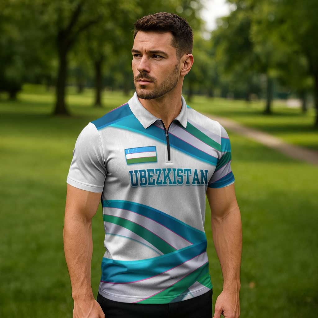 Uzbekistan Zipper Polo Shirt with Ribbon Wave Design - Wonder Print Shop