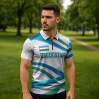 Uzbekistan Zipper Polo Shirt with Ribbon Wave Design - Wonder Print Shop