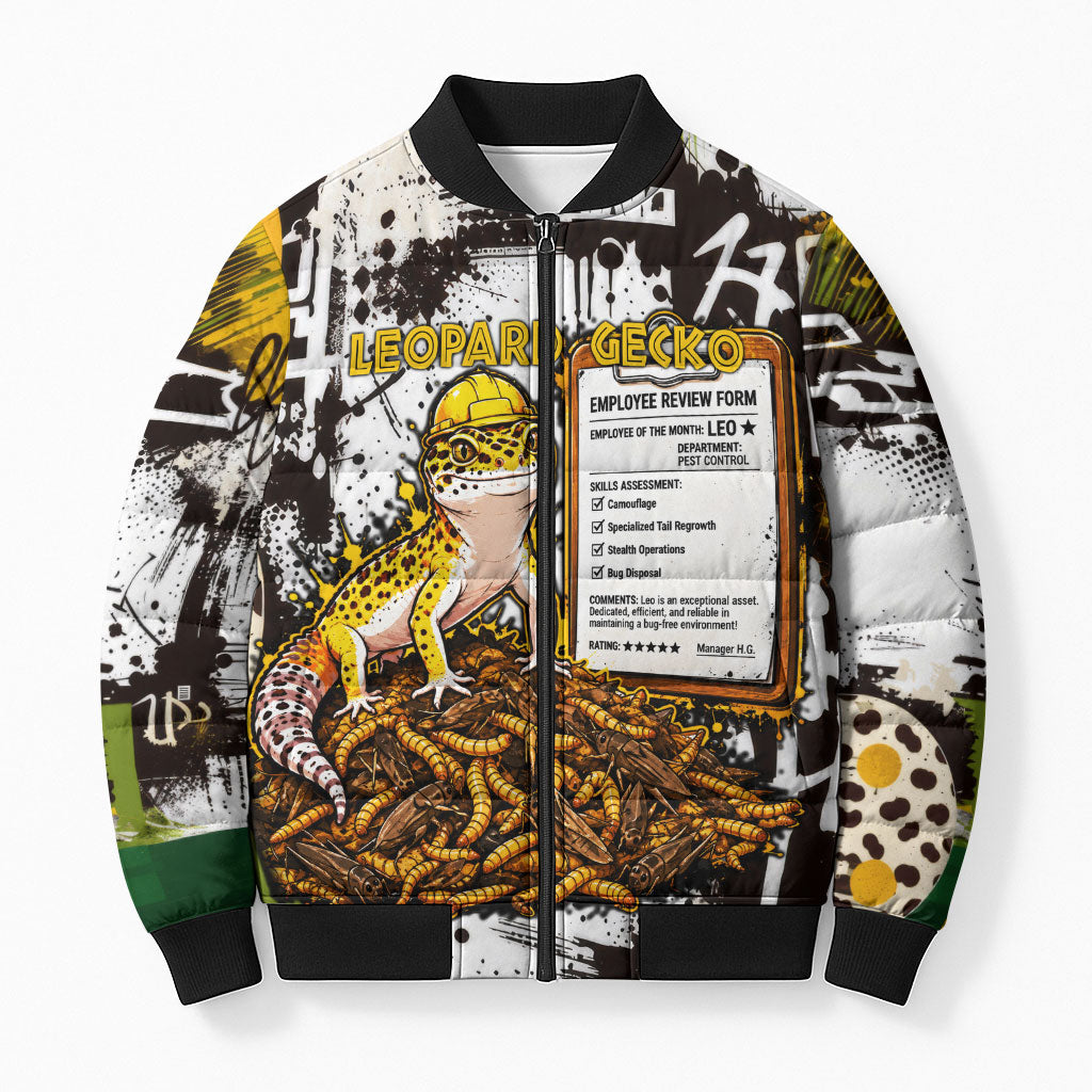 Leopard Gecko Bomber Puffer Jacket Tiny Dinosaur Department Funny Pest Control Graffiti