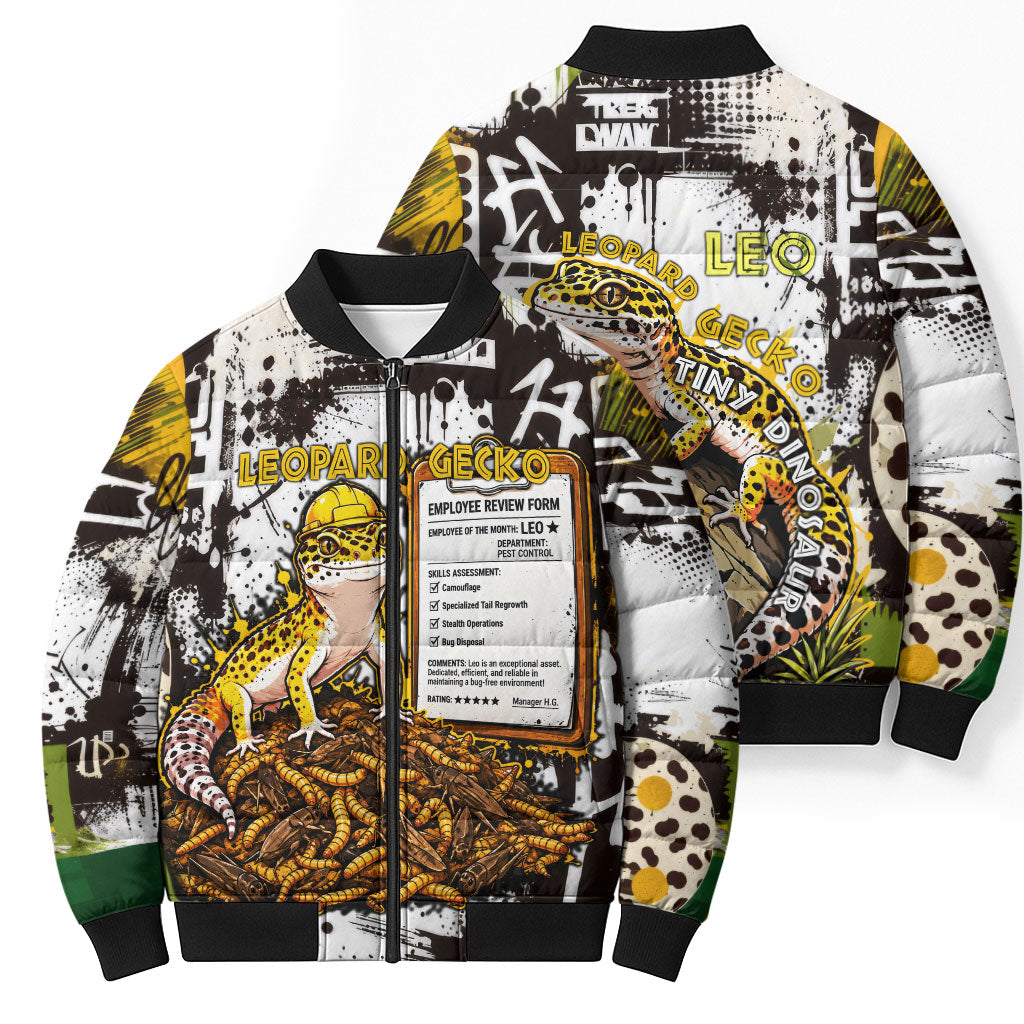 Leopard Gecko Bomber Puffer Jacket Tiny Dinosaur Department Funny Pest Control Graffiti