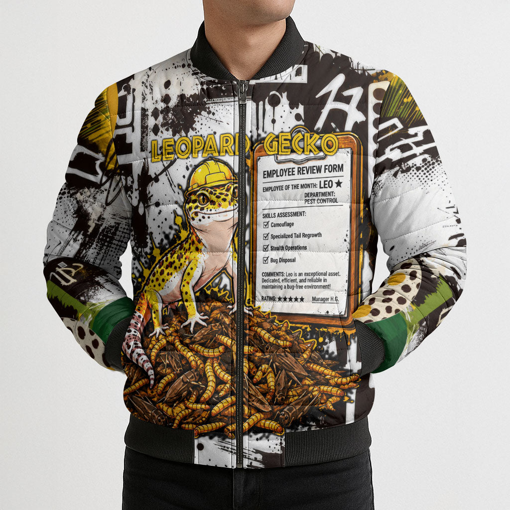 Leopard Gecko Bomber Puffer Jacket Tiny Dinosaur Department Funny Pest Control Graffiti