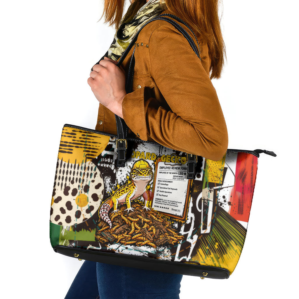 Leopard Gecko Leather Tote Bag Tiny Dinosaur Department Funny Pest Control Graffiti