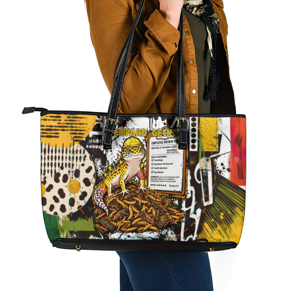 Leopard Gecko Leather Tote Bag Tiny Dinosaur Department Funny Pest Control Graffiti