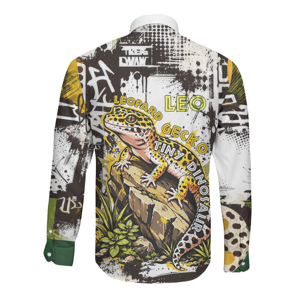 Leopard Gecko Long Sleeve Button Shirt Tiny Dinosaur Department Funny Pest Control Graffiti