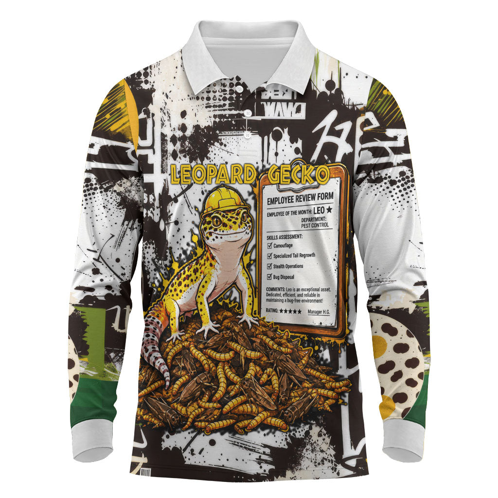 Leopard Gecko Long Sleeve Polo Shirt Tiny Dinosaur Department Funny Pest Control Graffiti