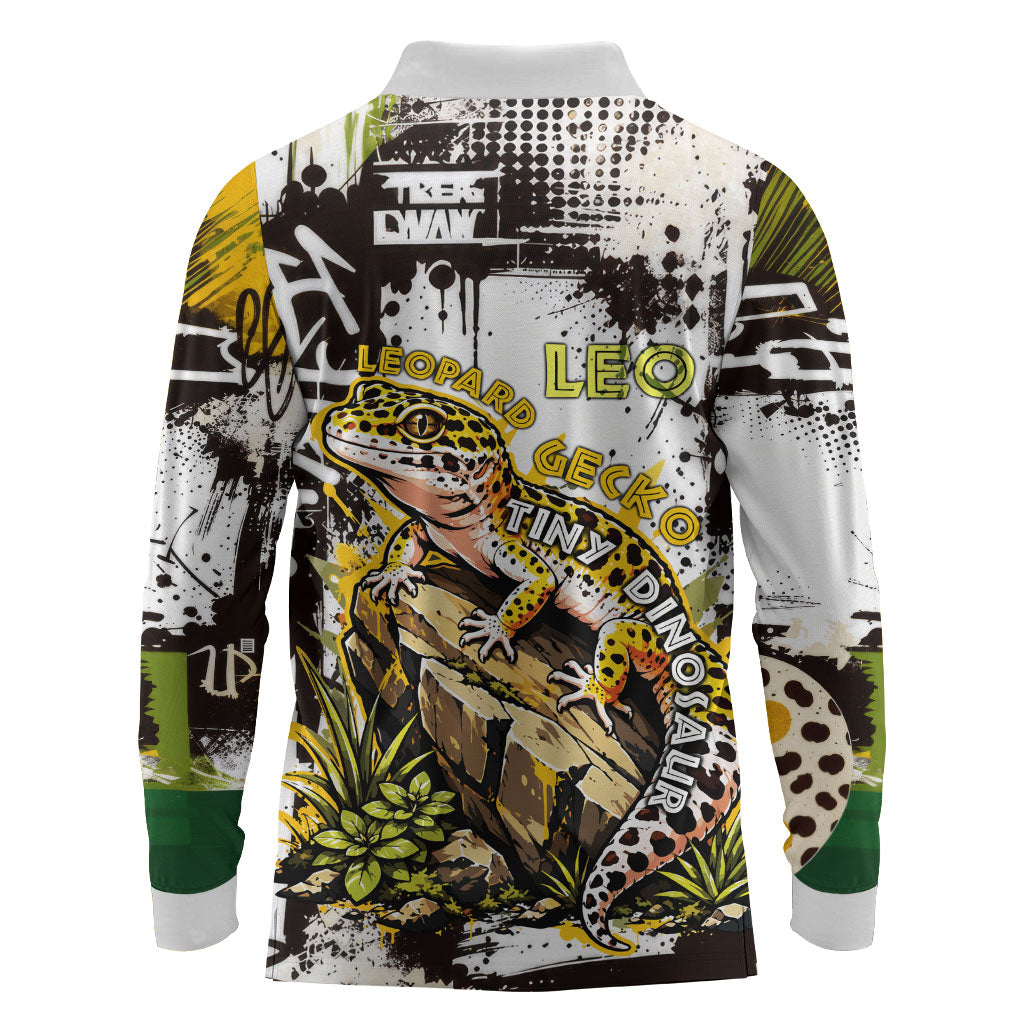 Leopard Gecko Long Sleeve Polo Shirt Tiny Dinosaur Department Funny Pest Control Graffiti