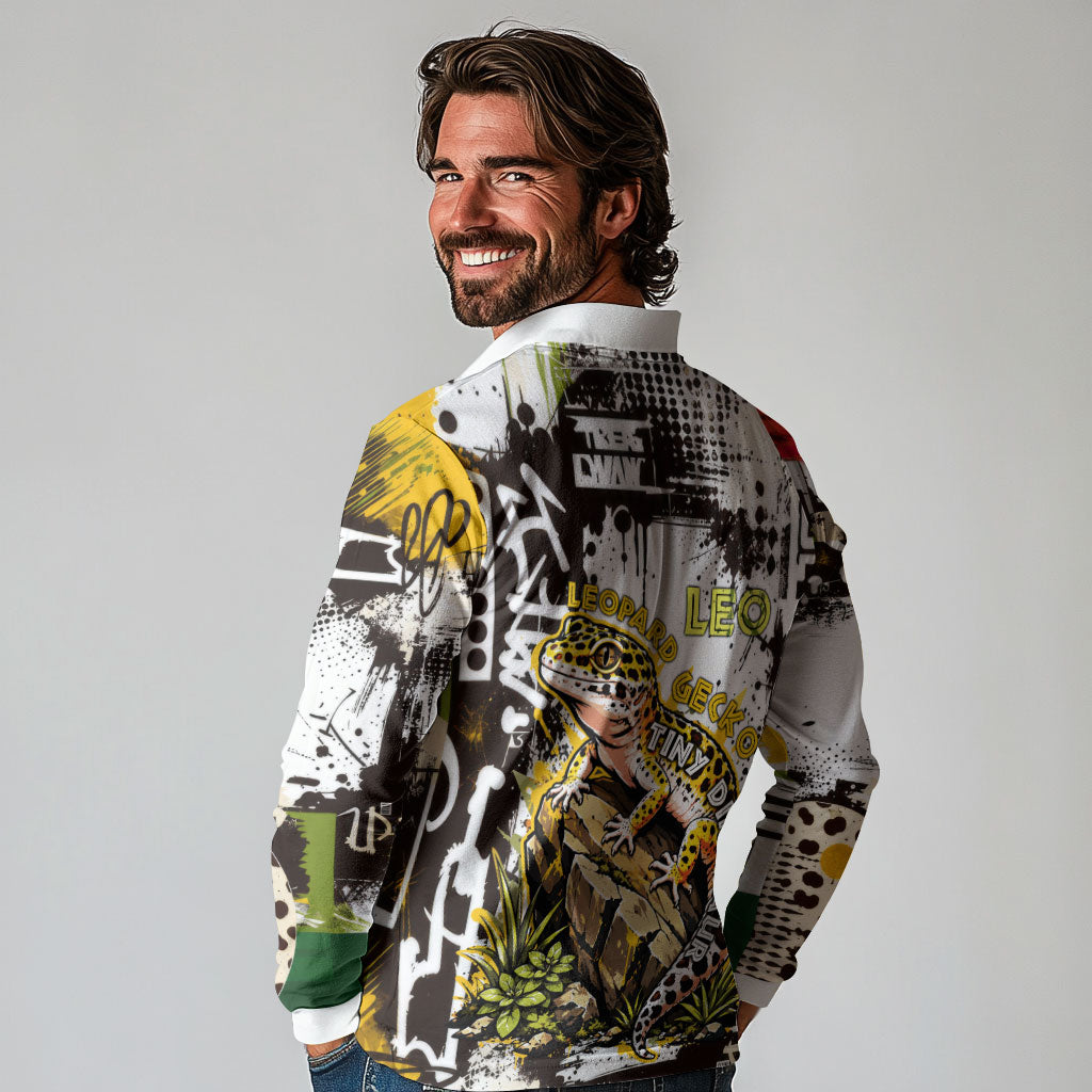 Leopard Gecko Long Sleeve Polo Shirt Tiny Dinosaur Department Funny Pest Control Graffiti