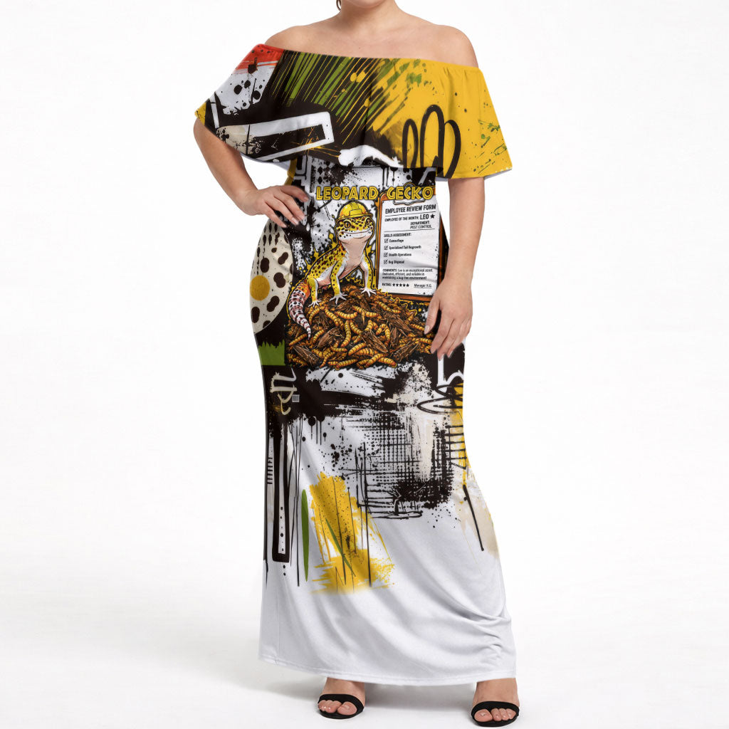 Leopard Gecko Off Shoulder Maxi Dress Tiny Dinosaur Department Funny Pest Control Graffiti