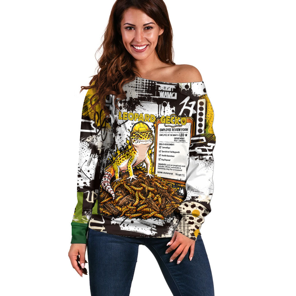 Leopard Gecko Off Shoulder Sweater Tiny Dinosaur Department Funny Pest Control Graffiti