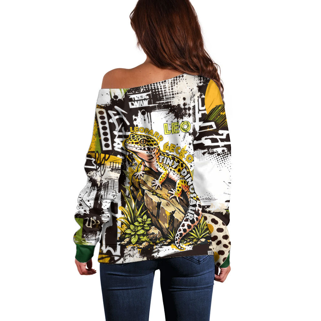 Leopard Gecko Off Shoulder Sweater Tiny Dinosaur Department Funny Pest Control Graffiti