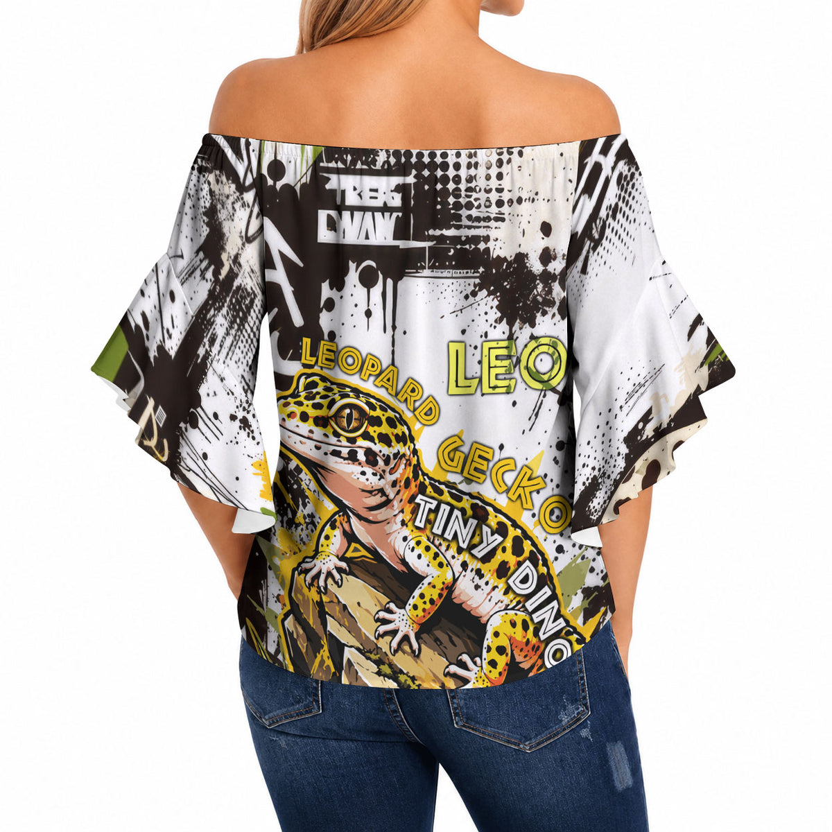 Leopard Gecko Off Shoulder Wrap Waist Top Tiny Dinosaur Department Funny Pest Control Graffiti