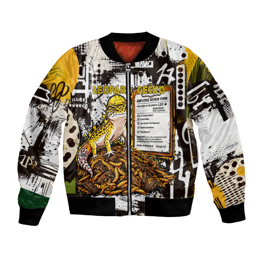 Leopard Gecko Sleeve Zip Bomber Jacket Tiny Dinosaur Department Funny Pest Control Graffiti