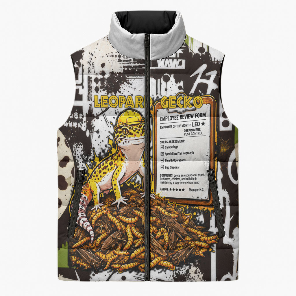 Leopard Gecko Sleeveless Puffer Jacket Tiny Dinosaur Department Funny Pest Control Graffiti