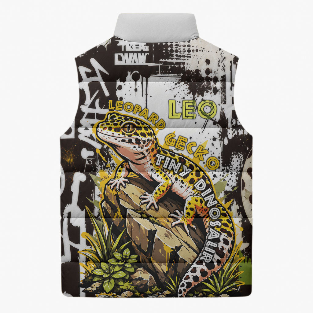 Leopard Gecko Sleeveless Puffer Jacket Tiny Dinosaur Department Funny Pest Control Graffiti