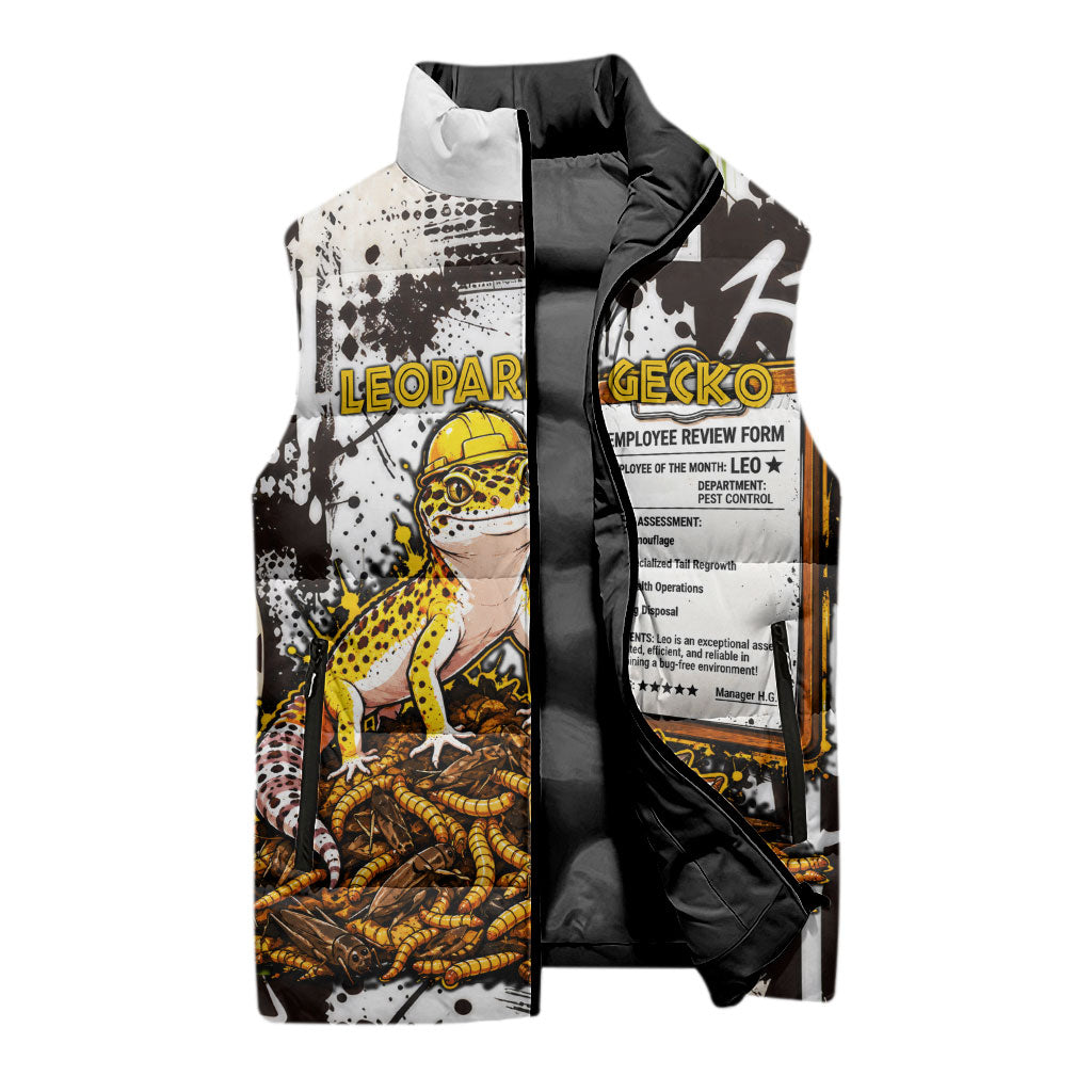 Leopard Gecko Sleeveless Puffer Jacket Tiny Dinosaur Department Funny Pest Control Graffiti