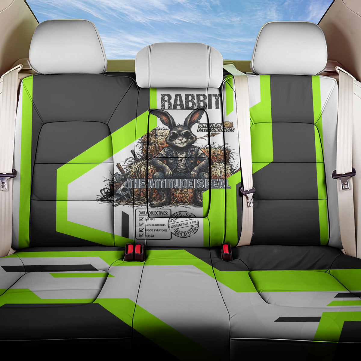 Rabbit Powered By Hay And Attitude Back Car Seat Cover Funny Sarcastic Bunny Diagram Graphic Art