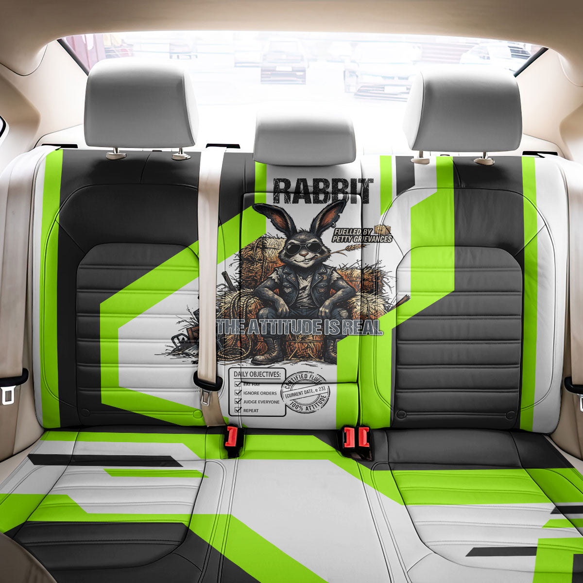 Rabbit Powered By Hay And Attitude Back Car Seat Cover Funny Sarcastic Bunny Diagram Graphic Art
