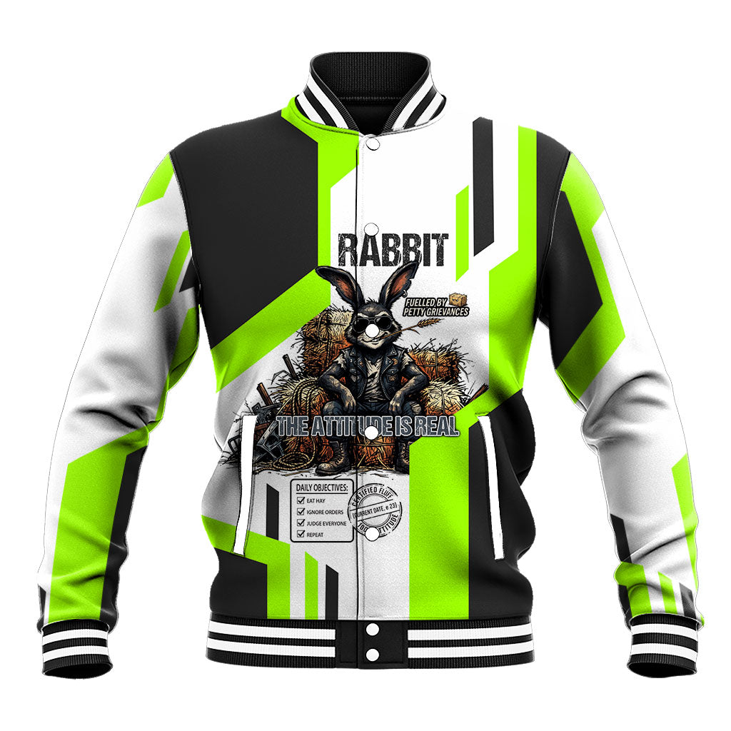 Rabbit Powered By Hay And Attitude Baseball Jacket Funny Sarcastic Bunny Diagram Graphic Art