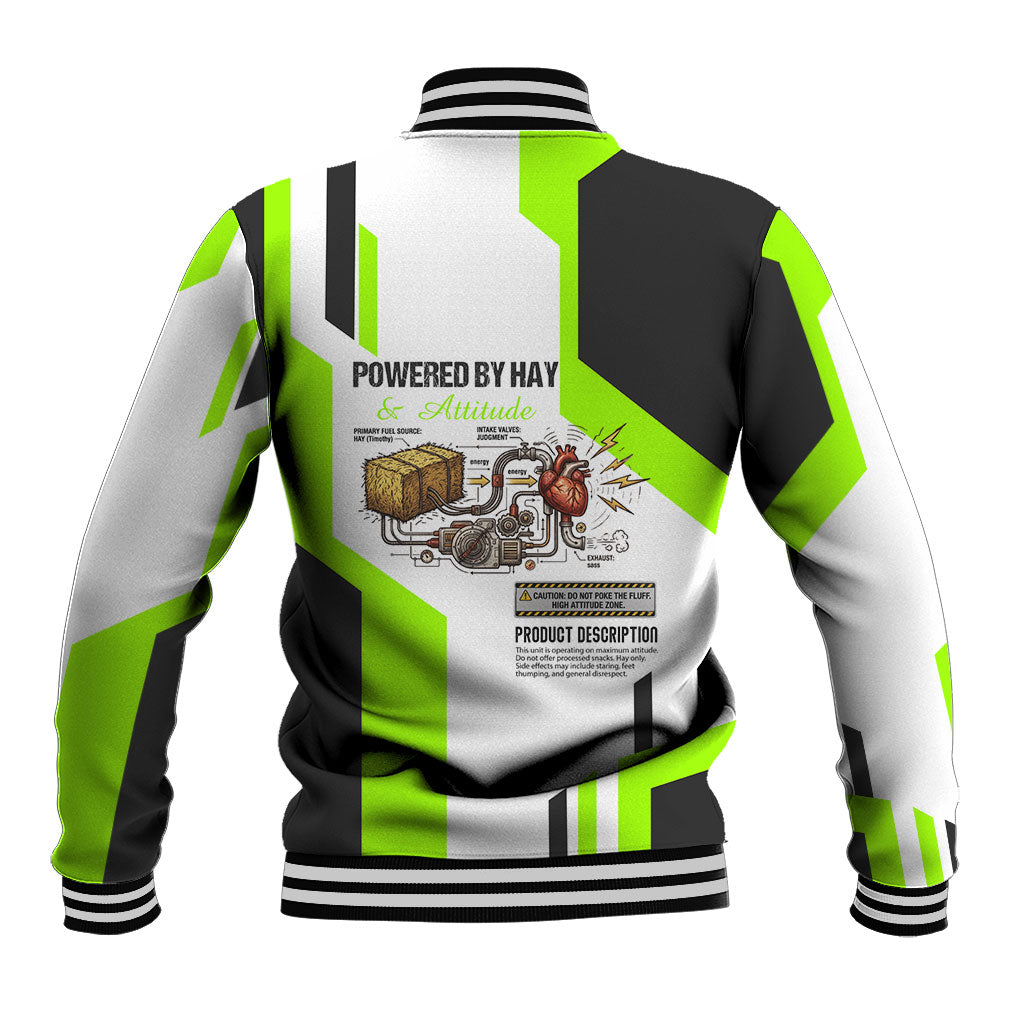 Rabbit Powered By Hay And Attitude Baseball Jacket Funny Sarcastic Bunny Diagram Graphic Art