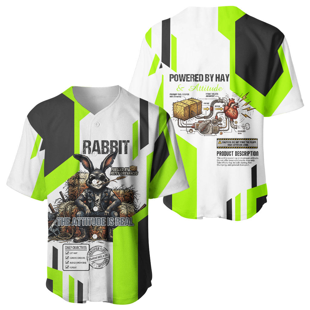 Rabbit Powered By Hay And Attitude Baseball Jersey Funny Sarcastic Bunny Diagram Graphic Art