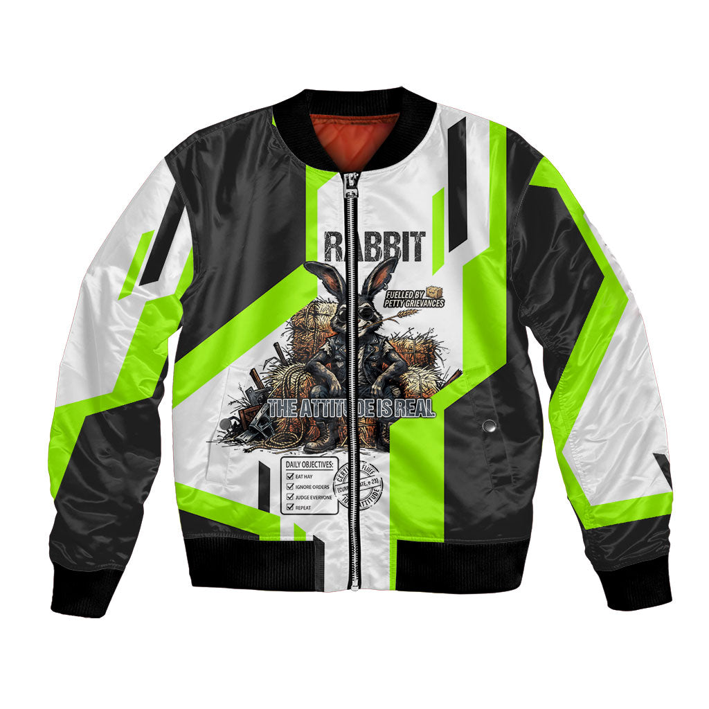 Rabbit Powered By Hay And Attitude Bomber Jacket Funny Sarcastic Bunny Diagram Graphic Art