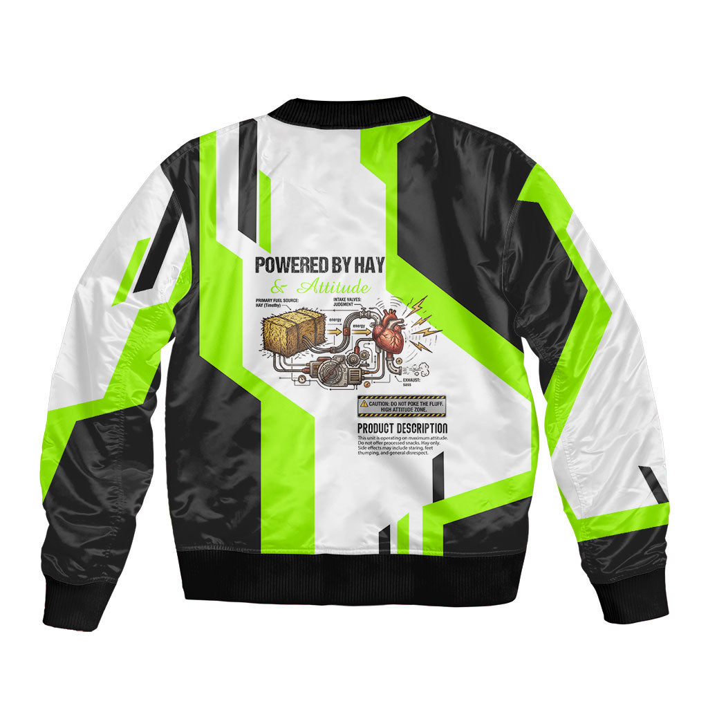Rabbit Powered By Hay And Attitude Bomber Jacket Funny Sarcastic Bunny Diagram Graphic Art