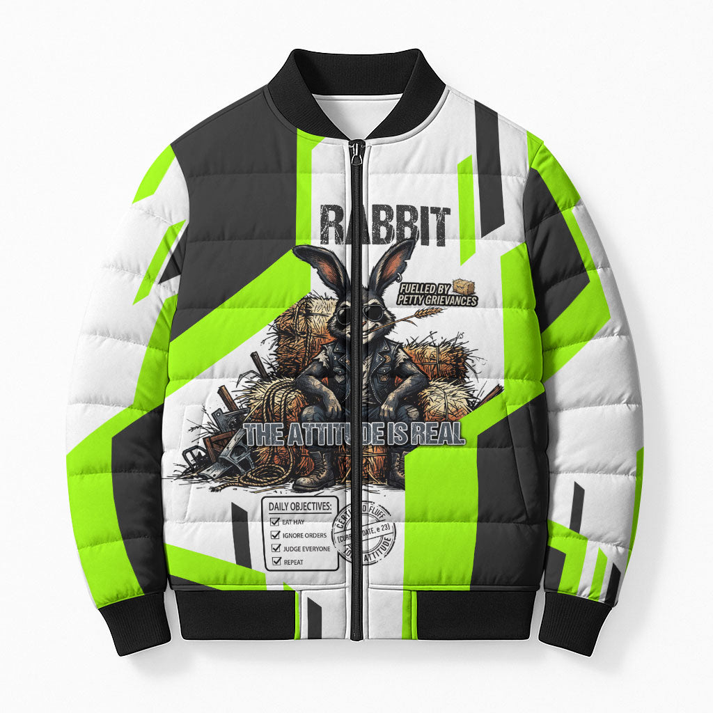 Rabbit Powered By Hay And Attitude Bomber Puffer Jacket Funny Sarcastic Bunny Diagram Graphic Art